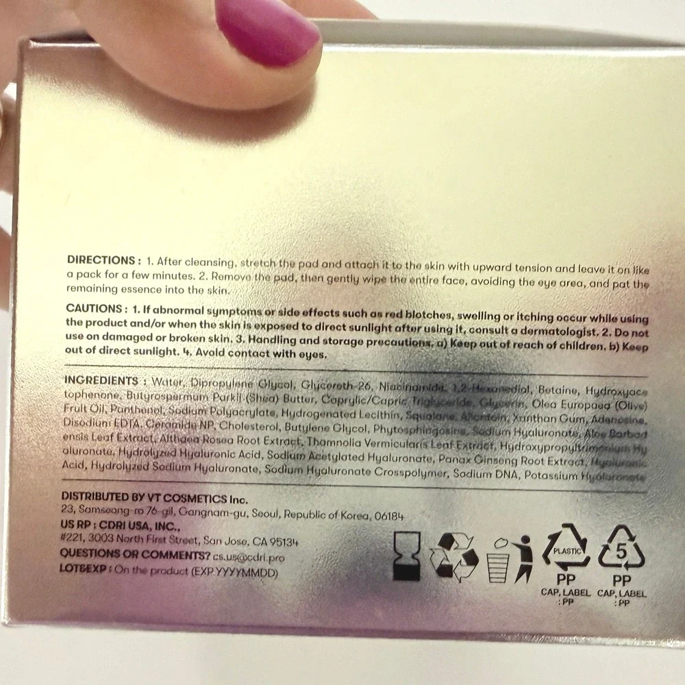VT Cosmetics PDRN Tension Toner Pad 60ct Ginseng Elasticity Moisture Care Korea